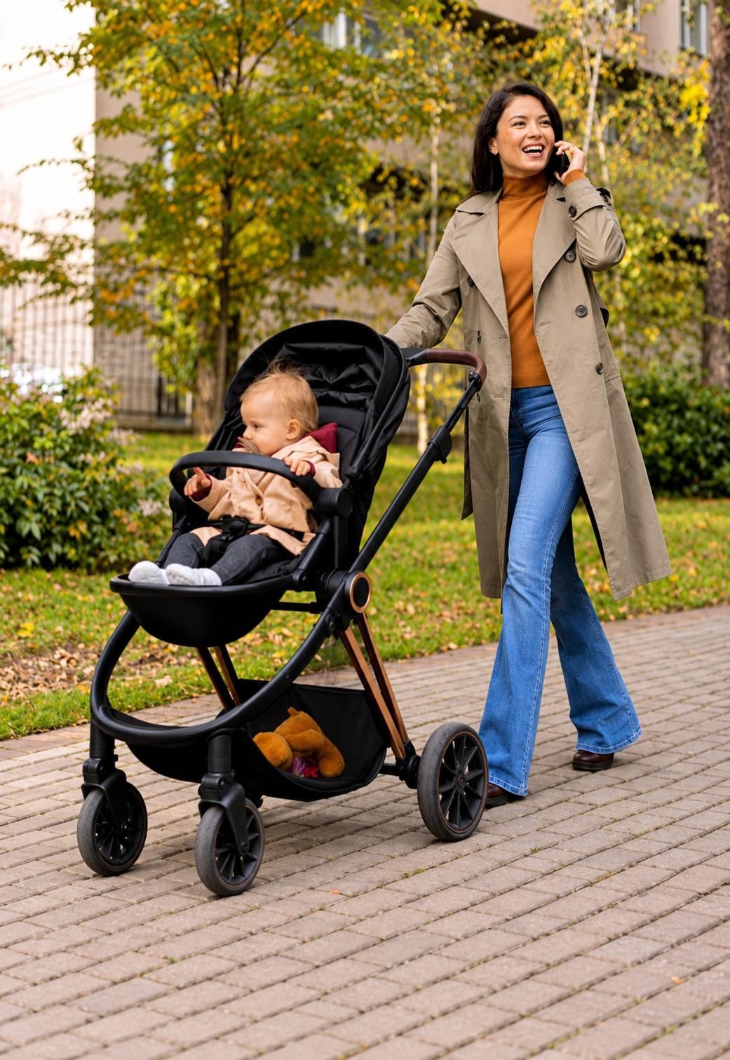 Mãe passeia com o carrinho Annica num parque de outono